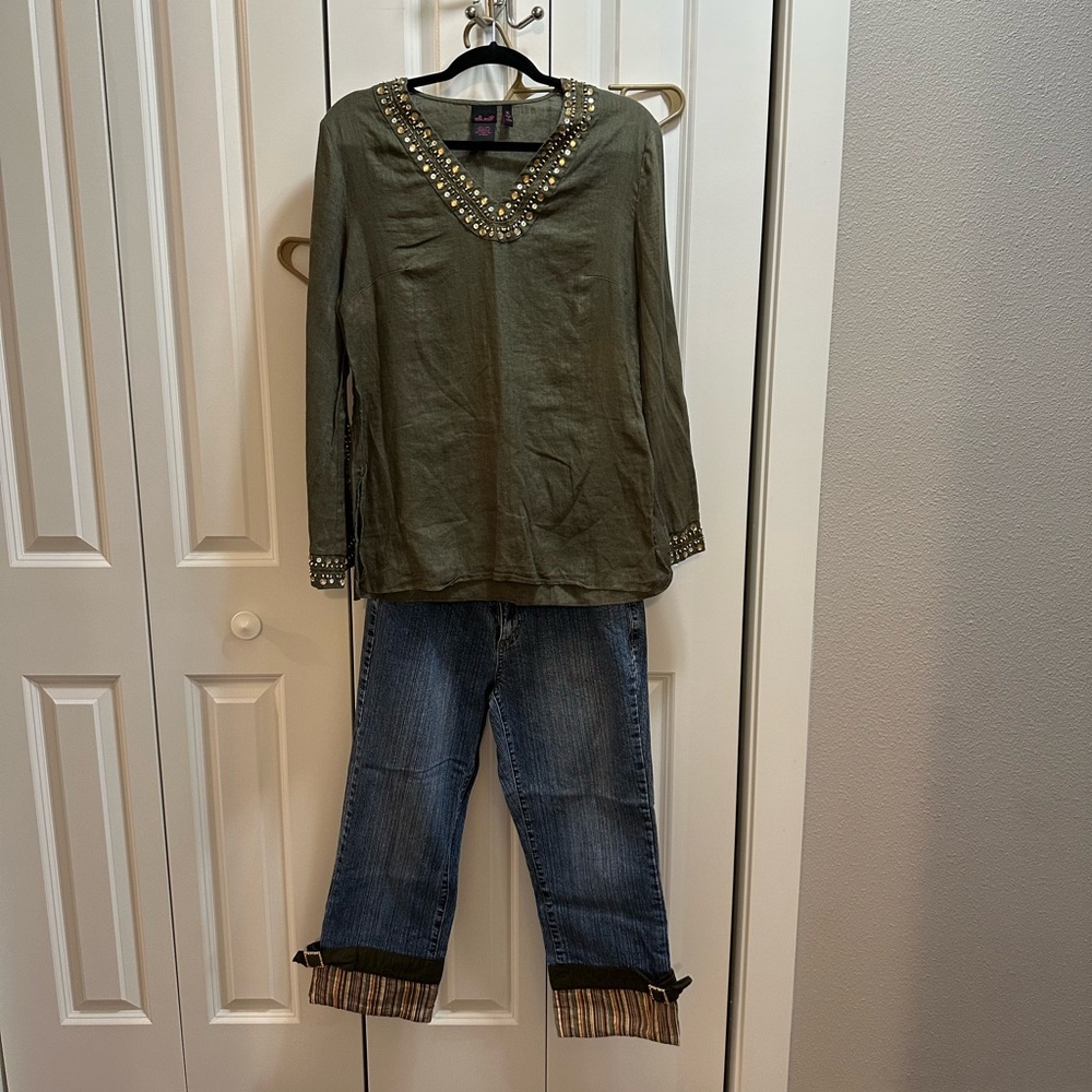 Embellished Green Top and Denim Jeans Set